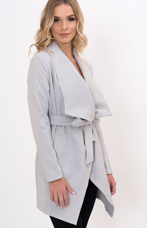 Bella Wrap Coat With Tie-On Belt -Grey