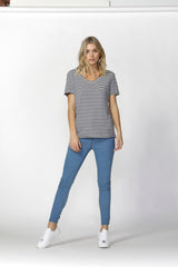 MANHATTAN V NECK TEE - NAVY WHITE STRIPE