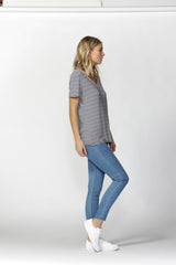 MANHATTAN V NECK TEE - NAVY WHITE STRIPE