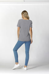 MANHATTAN V NECK TEE - NAVY WHITE STRIPE