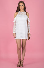 Cold Shoulder Lace Shift Dress-White
