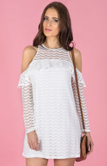 Cold Shoulder Lace Shift Dress-White