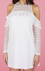 Cold Shoulder Lace Shift Dress-White